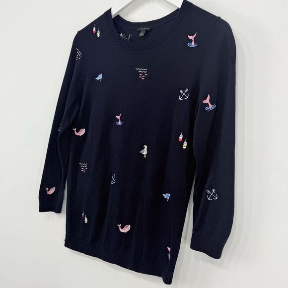 Talbots Nautical Embroidered Theme Navy Blue Long Sleeve Crew Knit Sweater - Picture 6 of 12